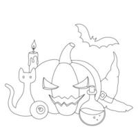 Outline halloween composition with pumpkin, bat and witch hat. Line illustration for coloring book vector