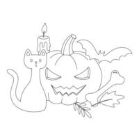 Outline halloween composition with pumpkin, bat and bone. Line illustration for coloring book vector