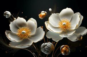 3d beautiful digital  white flowers on a dark background generated by Ai photo