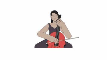 milieu est adulte femme violoncelliste en jouant ligne 2d personnage animation. Jeune musicien performant plat Couleur dessin animé 4k vidéo, alpha canaliser. arabe violoncelle femelle Animé la personne sur blanc Contexte video