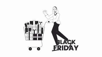 Holiday shopping bw outline 2D animation. Female shopper pushing shopping cart 4K video motion graphic. Pre black friday weekend monochrome linear animated cartoon flat concept, white background