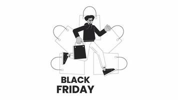 Black Friday shopping bags retail bw outline 2D animation. Hispanic shopper male running 4K video motion graphic. Love of shopping monochrome linear animated cartoon flat concept, white background
