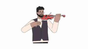 violinista jogando com violino arco linha 2d personagem animação. realizando plano cor desenho animado 4k vídeo, alfa canal. africano americano barbudo homem violino jogador animado pessoa em branco fundo video