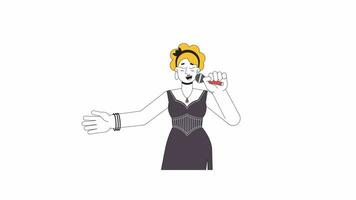 kaukasisch weiblich Sänger Sänger halten Mikrofon Linie 2d Charakter Animation. Singen auf Konzert eben Farbe Karikatur 4k Video, Alpha Kanal. europäisch Erwachsene Frau animiert Person auf Weiß Hintergrund video