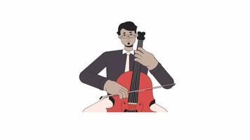 mezzo orientale adulto uomo giocando violoncello linea 2d personaggio animazione. violoncellista uomo con arco piatto colore cartone animato 4k video, alfa canale. arabo maschio violoncello giocatore animato persona su bianca sfondo video