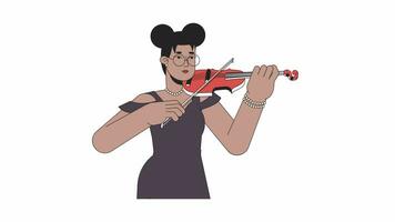 noir femelle violoniste en jouant musical instrument ligne 2d personnage animation. violon joueur plat Couleur dessin animé 4k vidéo, alpha canaliser. africain américain femme Animé la personne sur blanc Contexte video