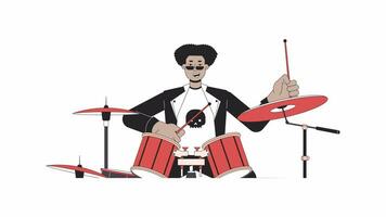 Sunglasses drummer artist beating drum sticks line 2D character animation. Rockstar flat color cartoon 4K video, alpha channel. Drums playing latin american man animated person on white background video