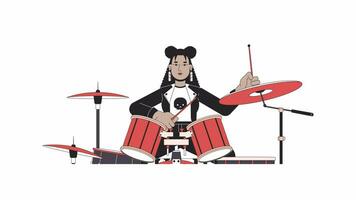 Latin american female musician playing drums line 2D character animation. Cool drummer woman holding sticks flat color cartoon 4K video, alpha channel. Performer animated person on white background video