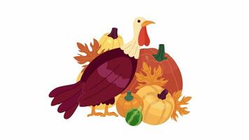 Autumn turkey pumpkins cartoon animation. Domestic bird 4K video motion graphic. Farm turkey. Thanksgiving. Hello november. Harvest festival 2D color animated character isolated on white background