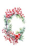 Watercolor mistletoe wreath with red berries and a wooden frame png