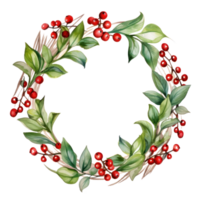 Watercolor mistletoe wreath with red berries and a wooden frame png