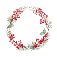 Festive watercolor Christmas wreath with red berries and a frame. png