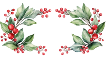 Watercolor mistletoe wreath with red berries and a wooden frame png