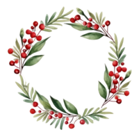 Festive watercolor Christmas wreath with red berries and a frame. png