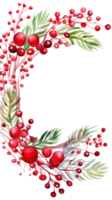 Festive watercolor Christmas wreath with red berries and a frame. png
