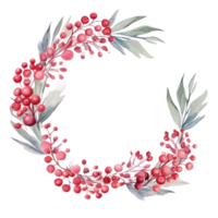 Festive watercolor Christmas wreath with red berries and a frame. png