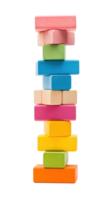 Colorful blocks stacked high in a tower, ready to topple isolated png