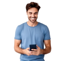 Handsome business man in blue t-shirt woth mobile phone isolated png