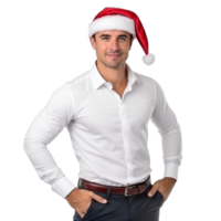 Handsome business man in white shirt and santa cap isolated png