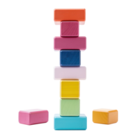 Colorful blocks stacked high in a tower, ready to topple isolated png