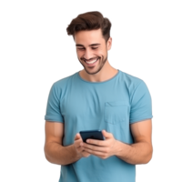 Handsome business man in blue t-shirt woth mobile phone isolated png