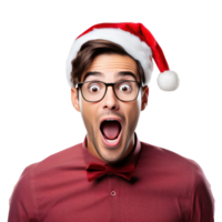 emocionado y sorprendido joven hombre en Papa Noel gorra png