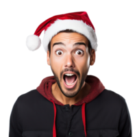 emocionado y sorprendido joven hombre en Papa Noel gorra png