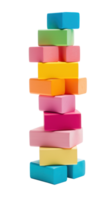 Colorful blocks stacked high in a tower, ready to topple isolated png