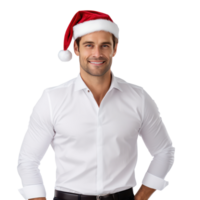 Handsome business man in white shirt and santa cap isolated png