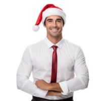 Handsome business man in white shirt and santa cap isolated png