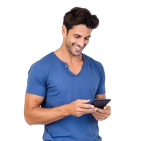 Handsome business man in blue t-shirt woth mobile phone isolated png