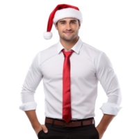 Handsome business man in white shirt and santa cap isolated png