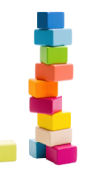 kleurrijk blokken gestapeld hoog in een toren, klaar naar omvallen geïsoleerd png