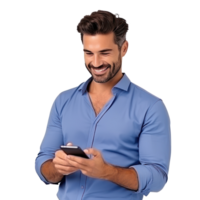 Handsome business man in blue t-shirt woth mobile phone isolated png