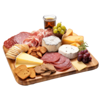 Charcuterie board. Assorted meats, cheeses, and crackers arranged artfully. isolated png