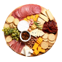 Charcuterie board. Assorted meats, cheeses, and crackers arranged artfully. isolated png