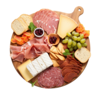 Charcuterie board. Assorted meats, cheeses, and crackers arranged artfully. isolated png