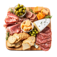 Charcuterie board. Assorted meats, cheeses, and crackers arranged artfully. isolated png