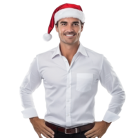 Handsome business man in white shirt and santa cap isolated png