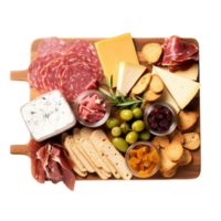 Charcuterie board Assorted meats, cheeses, and crackers arranged artfully. isolated png