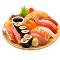 Sushi Teller sortiert Sushi Rollen und Sashimi auf ein Teller. isoliert png