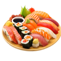 Sushi prato sortido Sushi rolos e sashimi em uma prato. isolado png