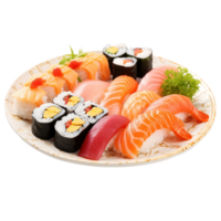 Sushi platter Assorted sushi rolls and sashimi on a platter. isolated png