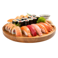 Sushi platter Assorted sushi rolls and sashimi on a platter. isolated png