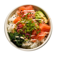 Poke bowl Raw fish over rice, topped with veggies and sauce. isolated png