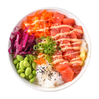Poke bowl Raw fish over rice, topped with veggies and sauce. isolated png