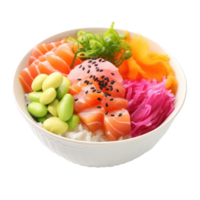 Poke bowl Raw fish over rice, topped with veggies and sauce. isolated png