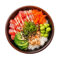 Poke bowl Raw fish over rice, topped with veggies and sauce. isolated png