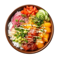 Poke bowl Raw fish over rice, topped with veggies and sauce. isolated png