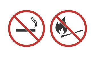 No smoking, No open fire informational signs. Stop use cigarette, match  symbols. Vector